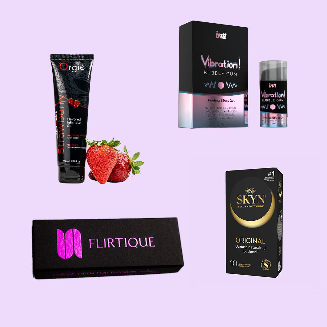 Набір Sweet & Safe Set - шоколад для пар Flirtique, презервативи SKYN Original (10 шт), лубрикант, рідкий вібратор - в подарунок