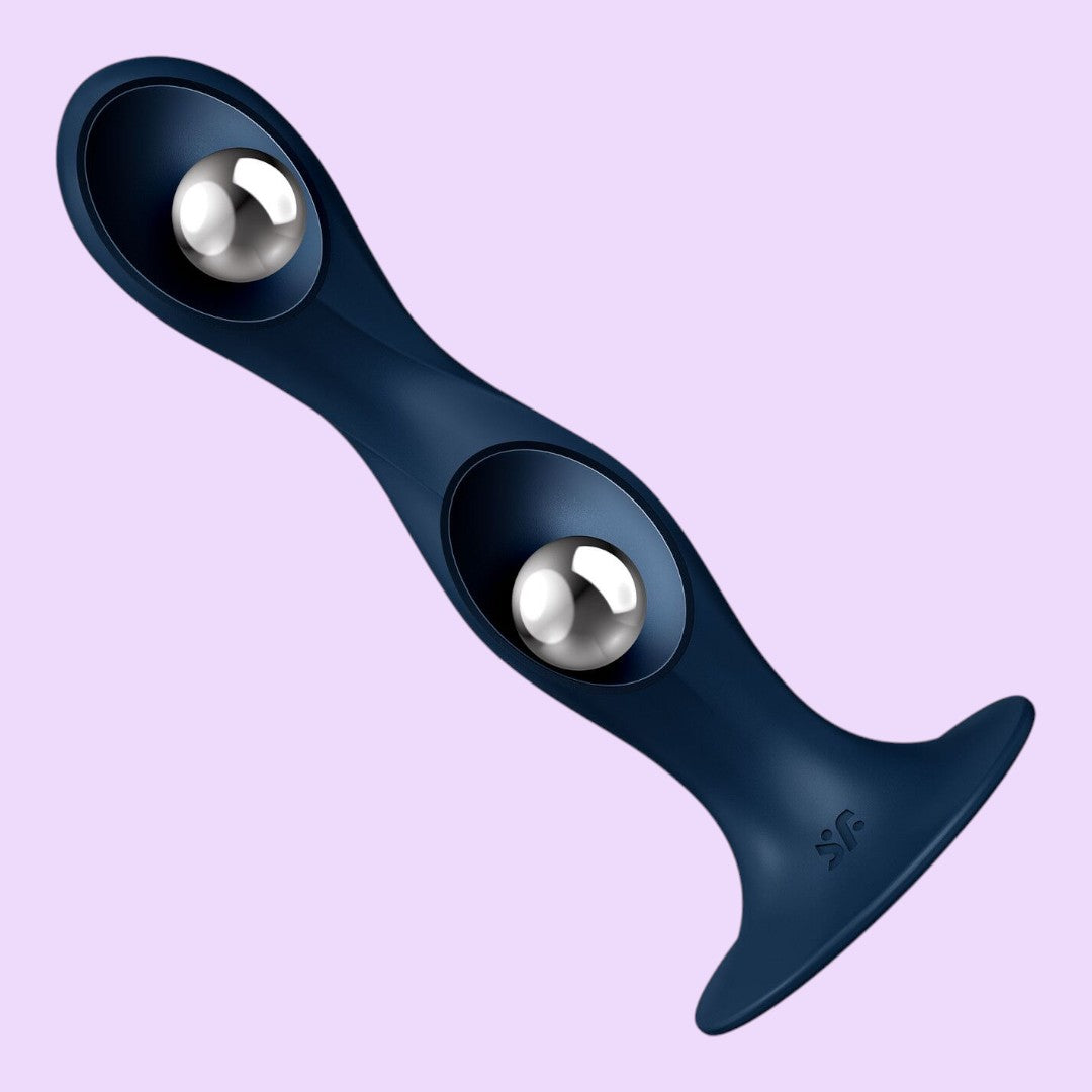 Дилдо Satisfyer Double Ball-R — унісекс, рухомі кульки всередині, присоска (червоний/синій)